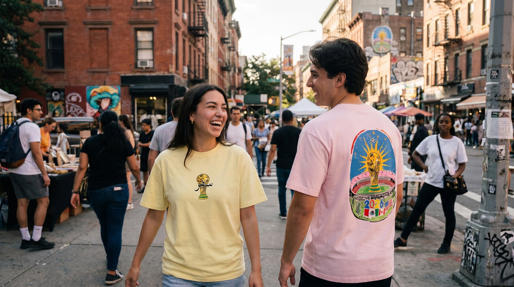 Two friends laughing on a New York street in Safar World Cup tees
