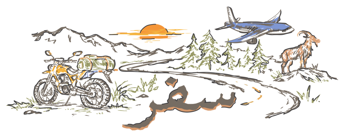 Hand-drawn journey scene: motorbike, mountains, sunset, plane, pine trees, a markhor and a winding road ending in the word Safar in Arabic script